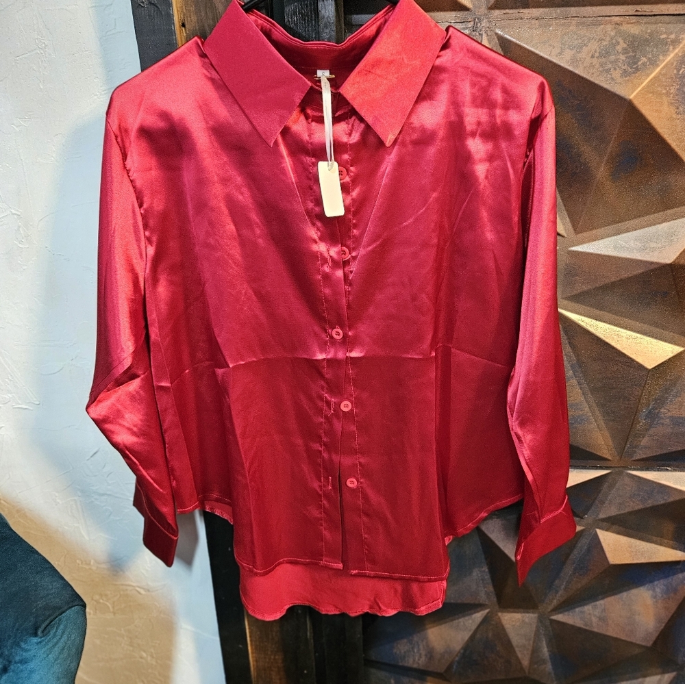 Women's Satin Long sleeve Red Blouse